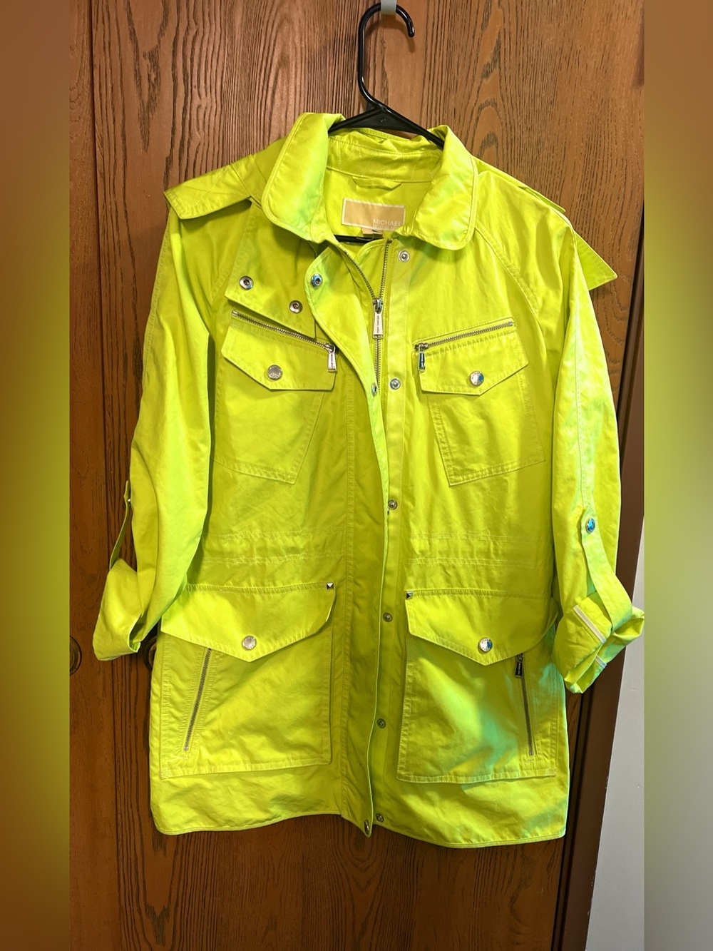Michael Kors Utility Rain Jacket Women Small Full Zip Front Hood 4 Pocket Green